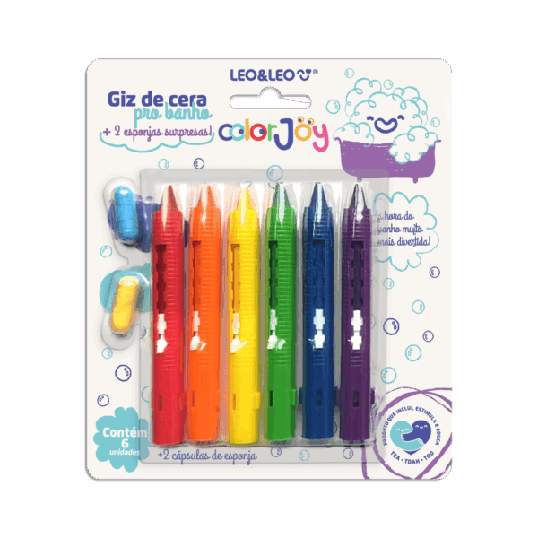 GIZ DE CERA RETRÁTIL PARA BANHO C/ 2 CAPSULAS DE ESPONJA SURPRESA COLOR JOY - C/ 6 CORES LEO&LEO
