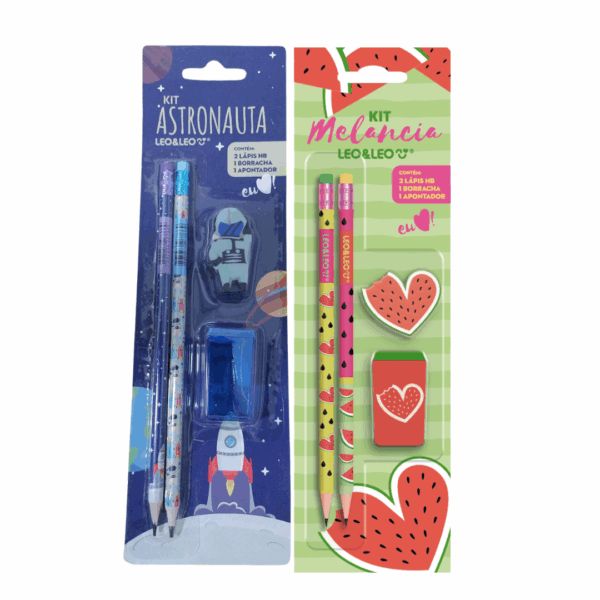 Kit Escolar 4 Peças Lápis Apontador e Borracha LEO&LEO