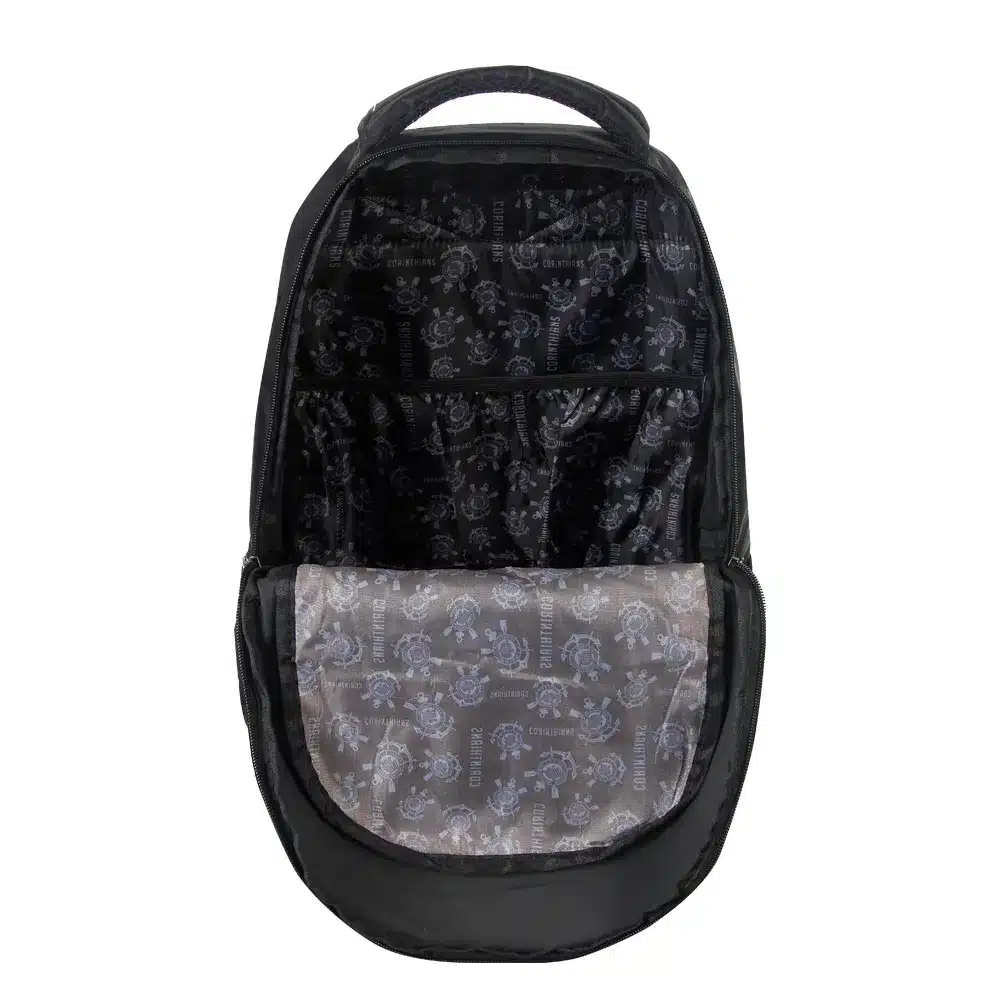 Mochila Esportiva Corinthians | Bolso Externo Zíper Transversal | Preta | Logo Bordado | Bolsos Laterais - Xeryus - Imagem 3