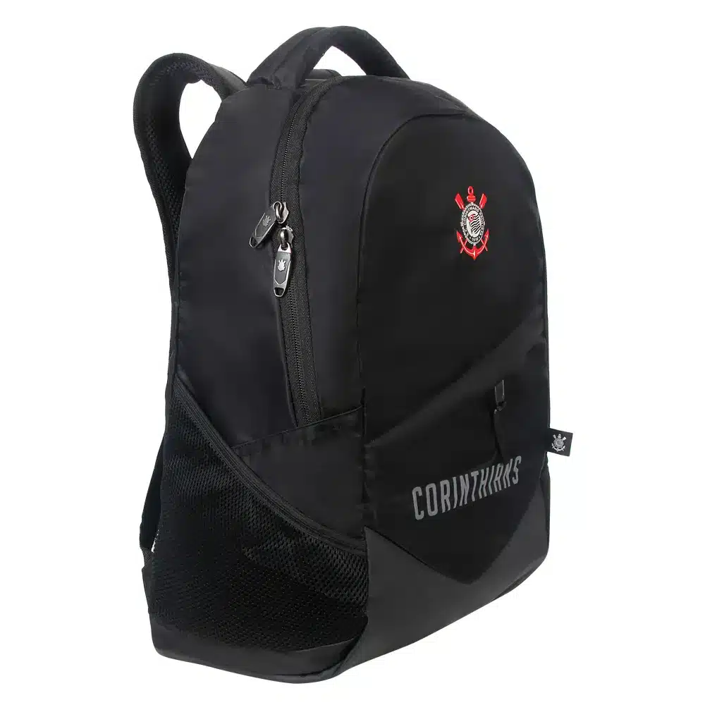 Mochila Esportiva Corinthians | Bolso Externo Zíper Transversal | Preta | Logo Bordado | Bolsos Laterais - Xeryus - Imagem 2