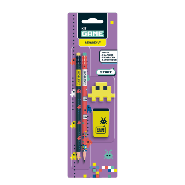 KIT 2 LÁPIS GRAFITE + BORRACHA + APONTADOR GAME - LEO&LEO
