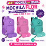 KIT MOCHILA ESCOLAR + ESTOJO POP IT FLOR - CLIO | 3 CORES DISPONIVEIS | DE COSTAS