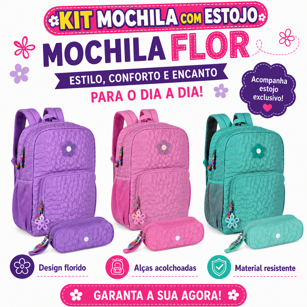 4180 + 4180 MOCHILA E ESTOJO POP IT FLOR KIT MOCHILA ESCOLAR + ESTOJO POP IT FLOR - CLIO | 3 CORES DISPONIVEIS | DE COSTAS - Imagem 1