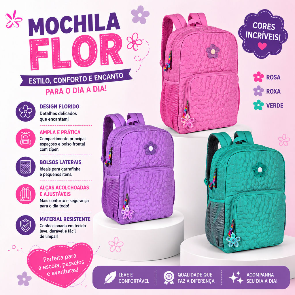 4180 - MOCHILA POP IT FLOR MOCHILA ESCOLAR POP IT FLOR - CLIO | 3 CORES DISPONIVEIS | DE COSTAS - Imagem 1