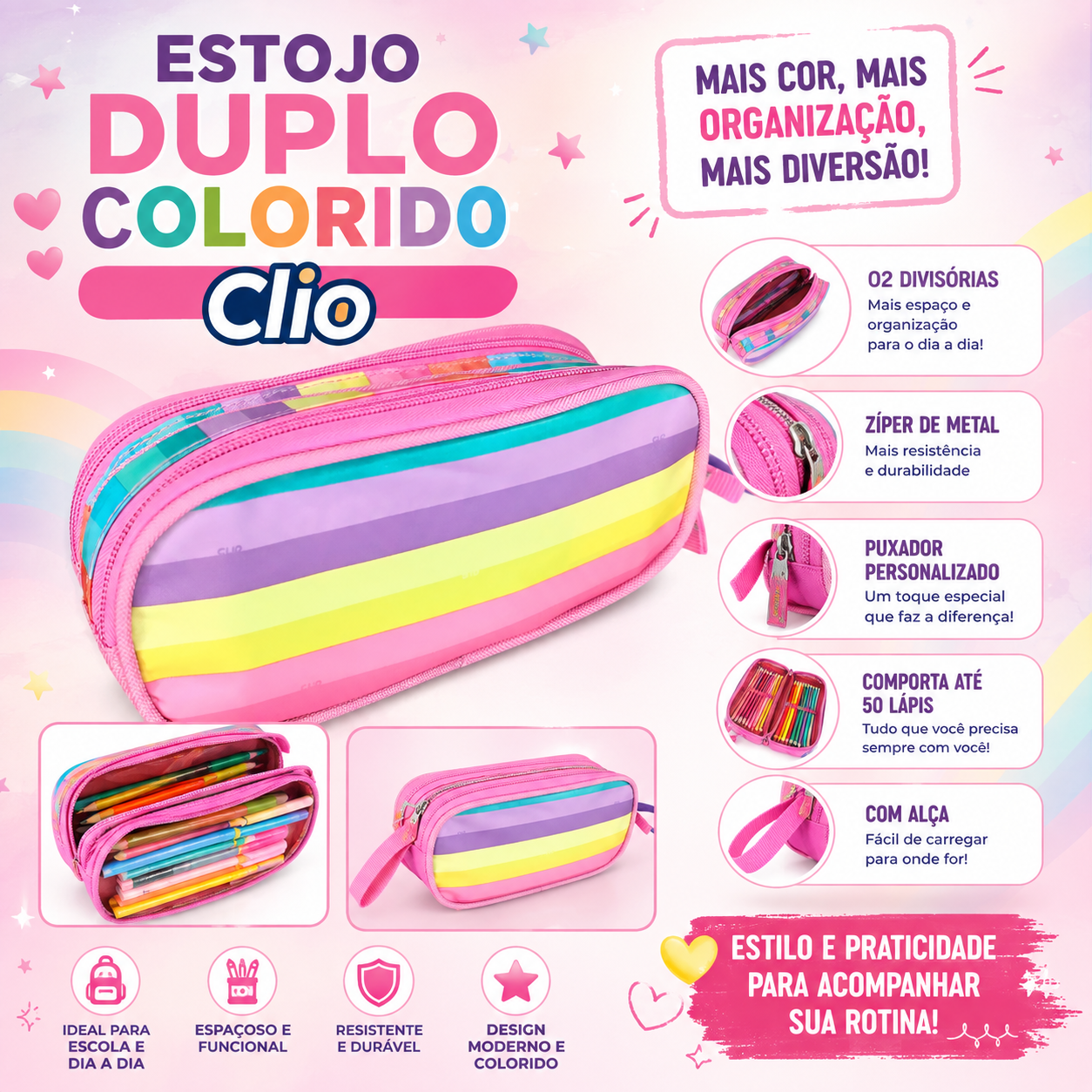 4190 - ESTOJO COLORIDO ESTOJO ESCOLAR DUPLO COLORIDO - CLIO - Imagem 1