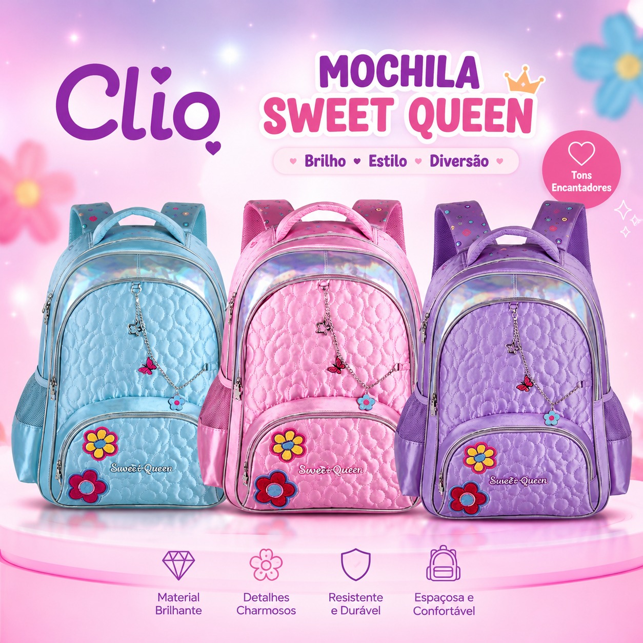 4192 - MOCHILA SWEETY QUEEN MOCHILA ESCOLAR SWEET QUEEN - CLIO | 3 CORES DISPONÍVEIS | DE COSTAS | COM PINGENTE - Imagem 1