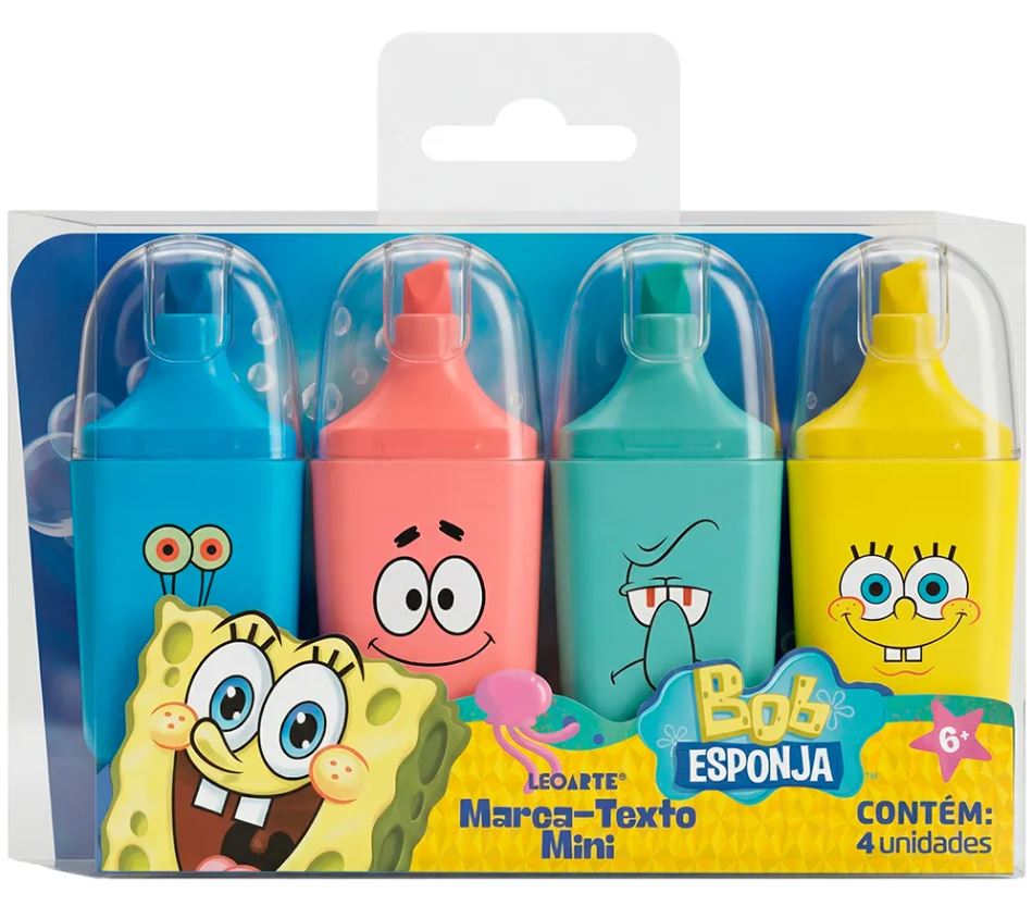 4266 MARCA TEXTO BOB ESPONJA MINI Marca Texto Bob Esponja 4 Cores LeoArte - Imagem 1